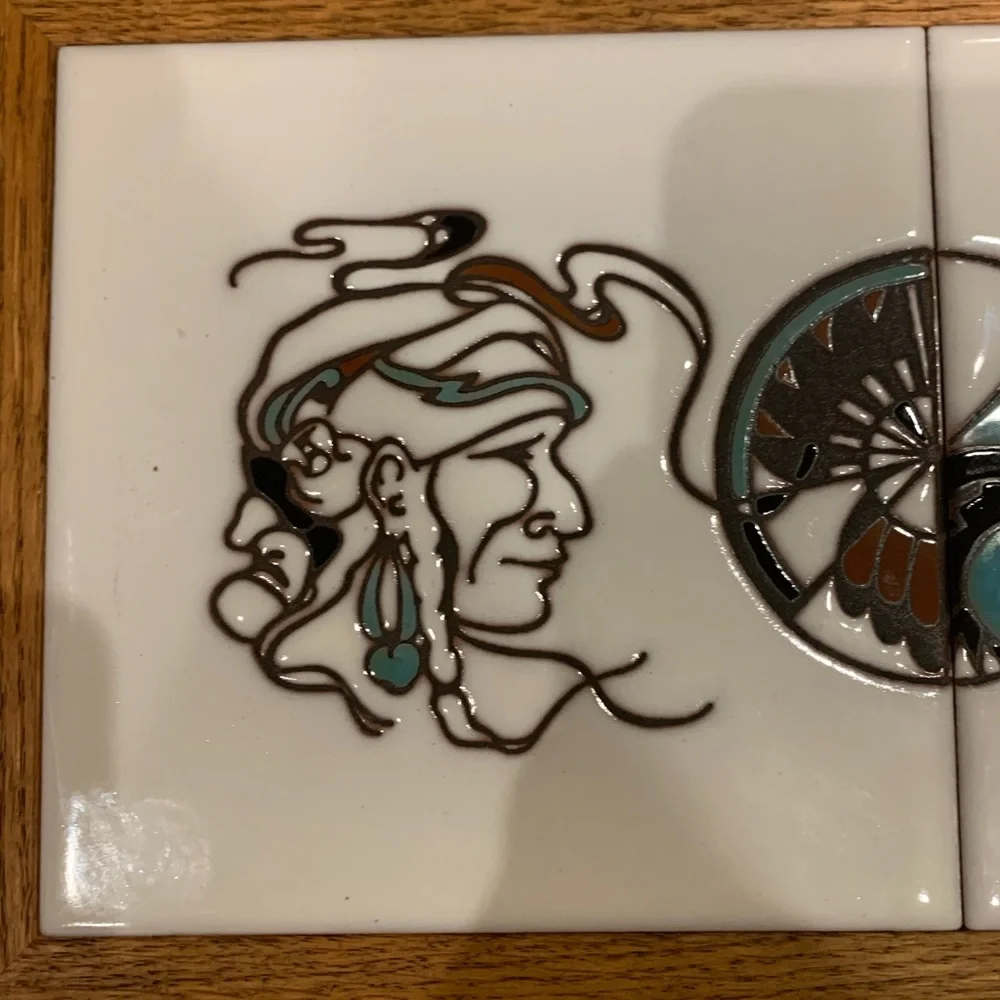 Cleo Teissedre Vintage 1984 Hand Painted Navajo Tiles In Oak Frame